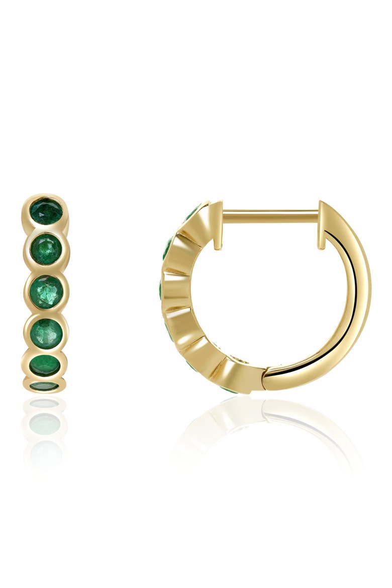 Emerald Bezel Huggie Hoop Earrings, Main, color, GREEN/ 14K YELLOW GOLD