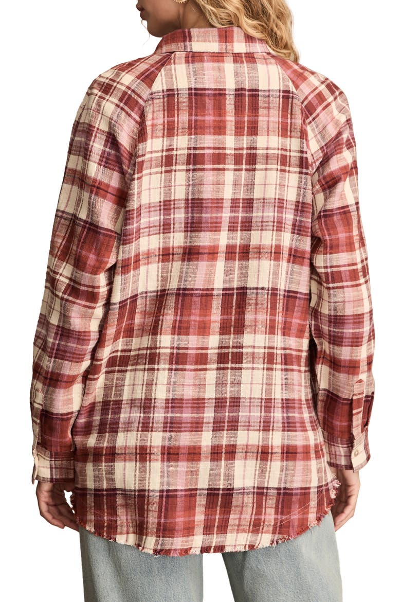 Frayed Plaid Button-Up Tunic Shirt, Alternate, color, BURGUNDY PLAID