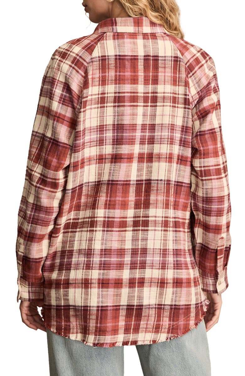 Lucky Brand Frayed Plaid Button-Up Tunic Shirt, Alternate, color, Burgundy Plaid