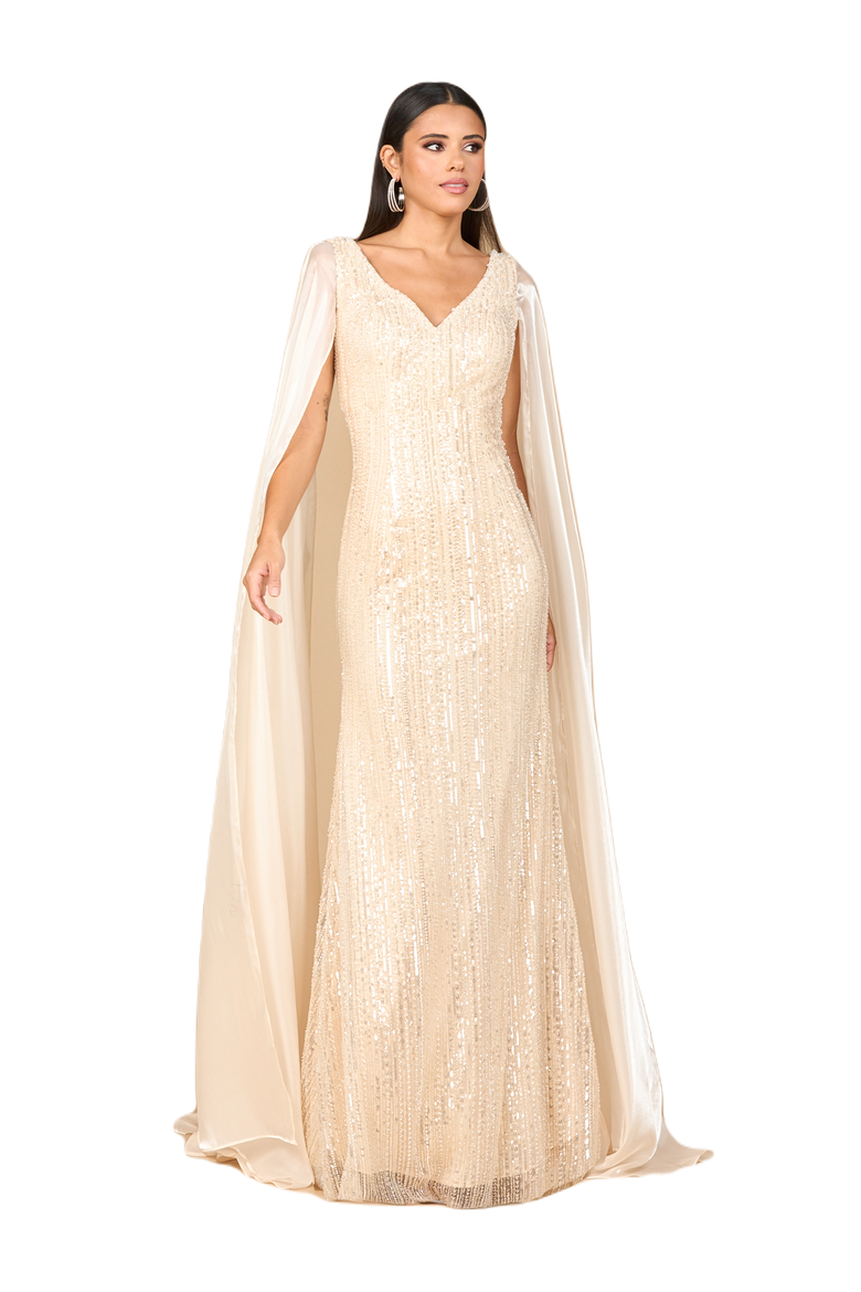 Beaded Gown with Satin Cape Sleeves, Main, color, Champagne