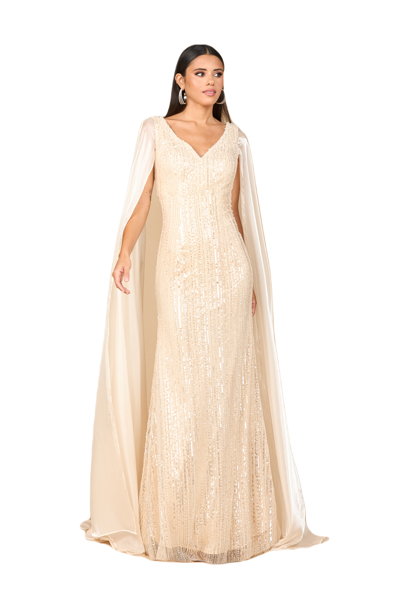LARA New York Beaded Gown with Satin Cape Sleeves, Main, color, Champagne