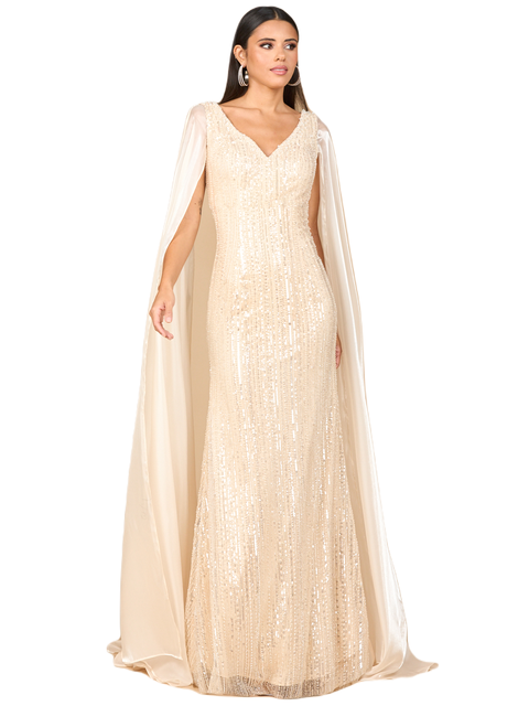 Beaded Gown with Satin Cape Sleeves