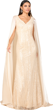LARA New York Beaded Gown with Satin Cape Sleeves