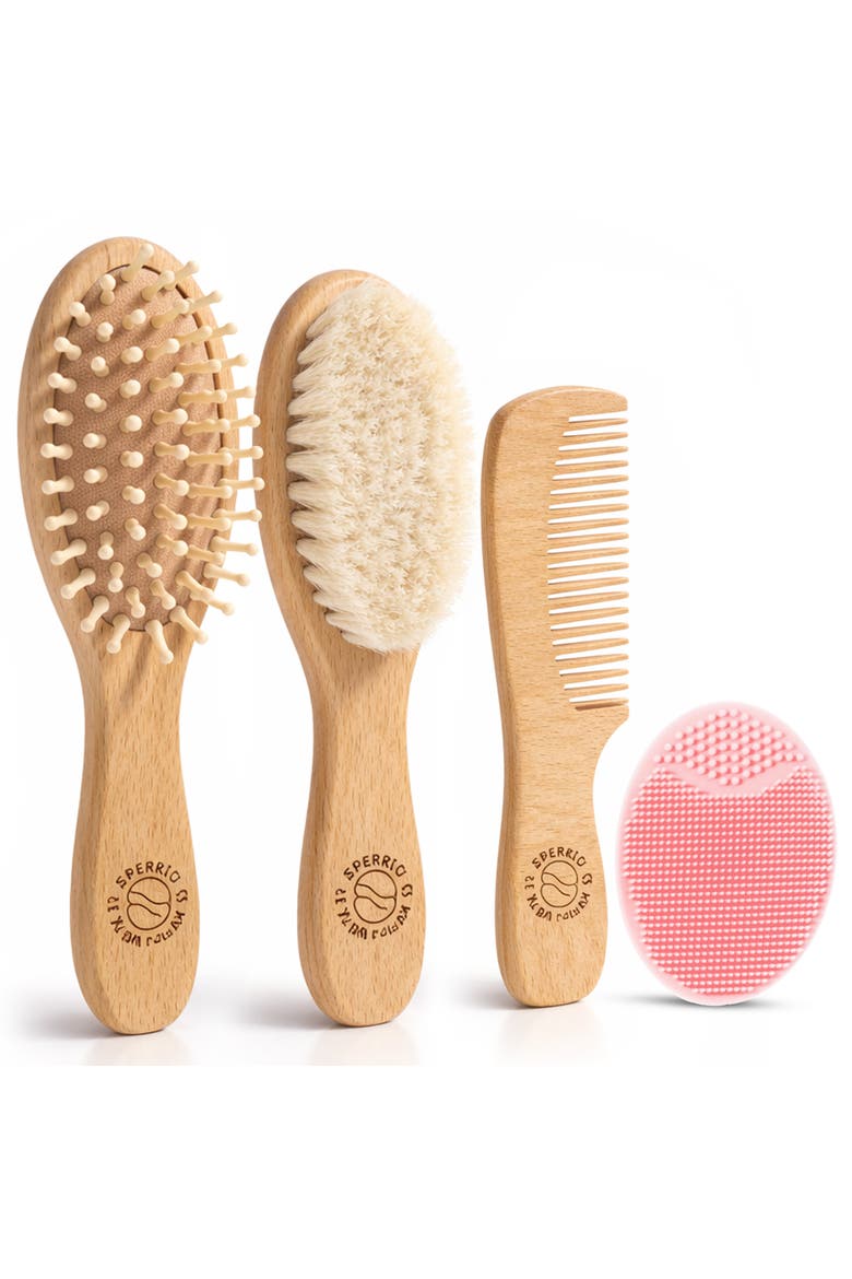 Wooden Baby Hair Brush with Soft Bristle and Comb Set, Main, color, Pink