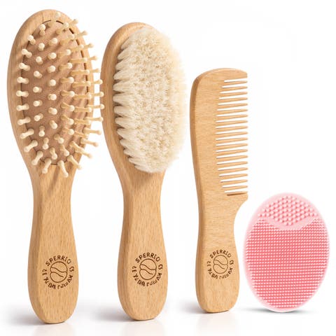 Wooden Baby Hair Brush with Soft Bristle and Comb Set