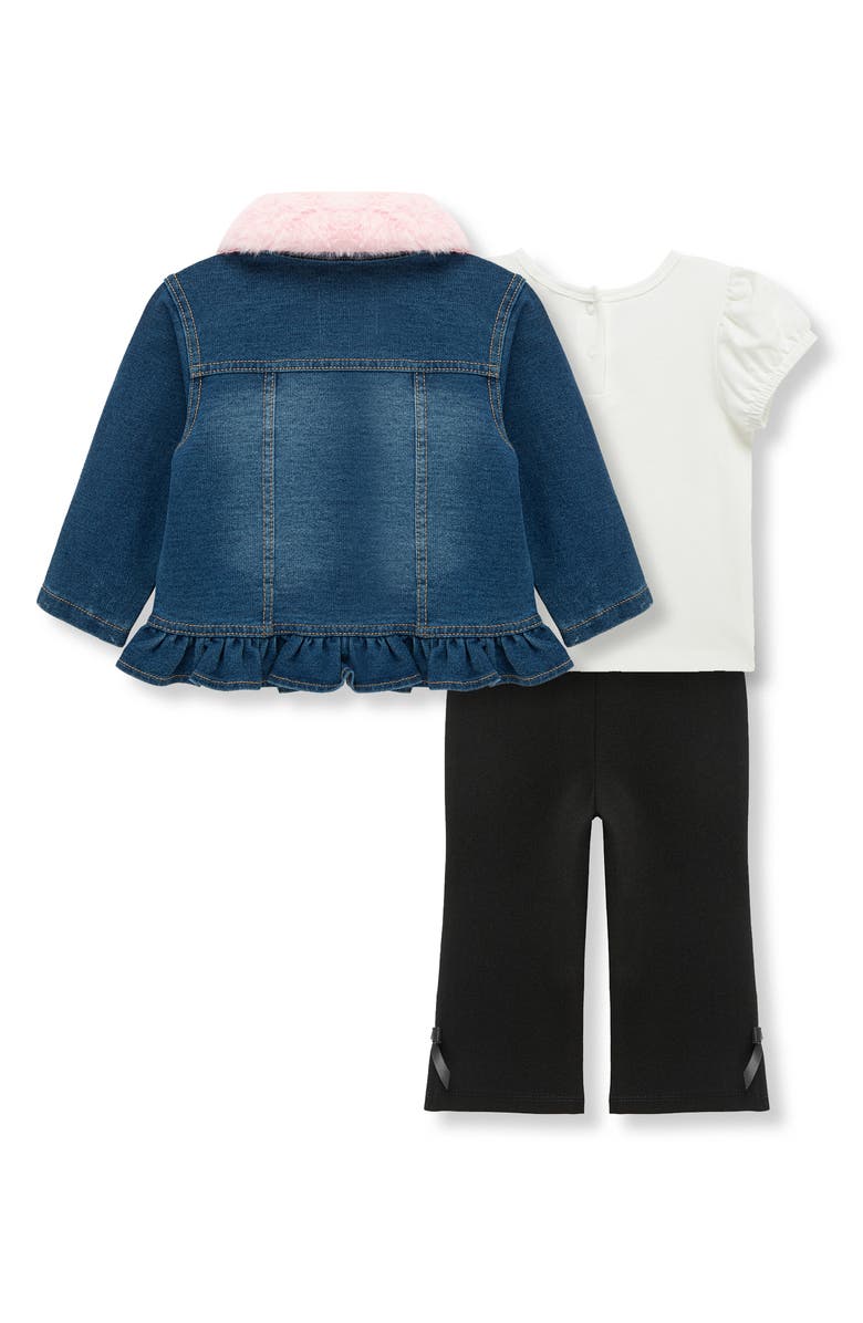 Habitual Kids Knit Denim Jacket with Faux Fur Collar, T-Shirt & Pants Set, Alternate, color, Indigo