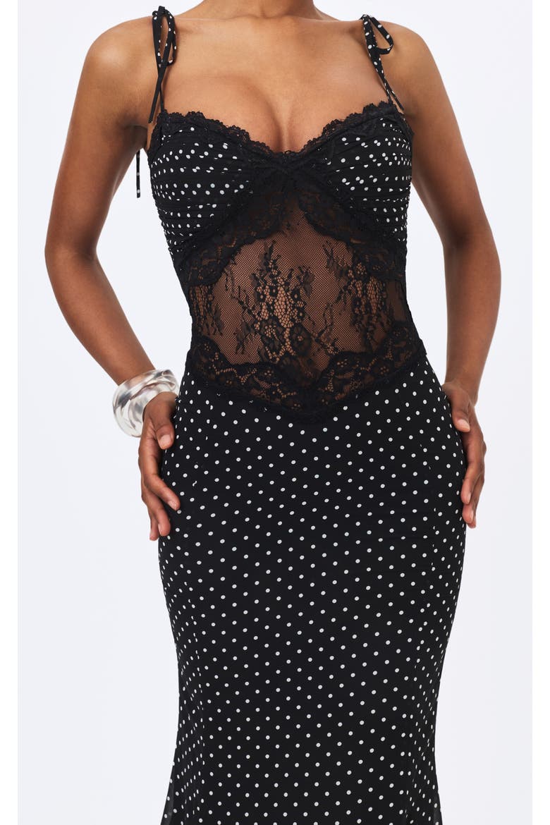 Zehra Chiffon Lace Cutout Mermaid Midi Dress, Alternate, color, Black