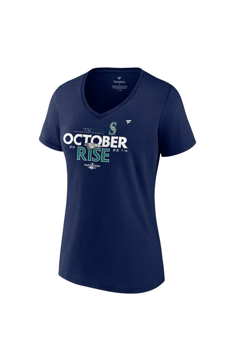 FANATICS Women's Fanatics Branded Navy Seattle Mariners 2022 Postseason Locker Room V-Neck T-Shirt, Alternate, color, 
