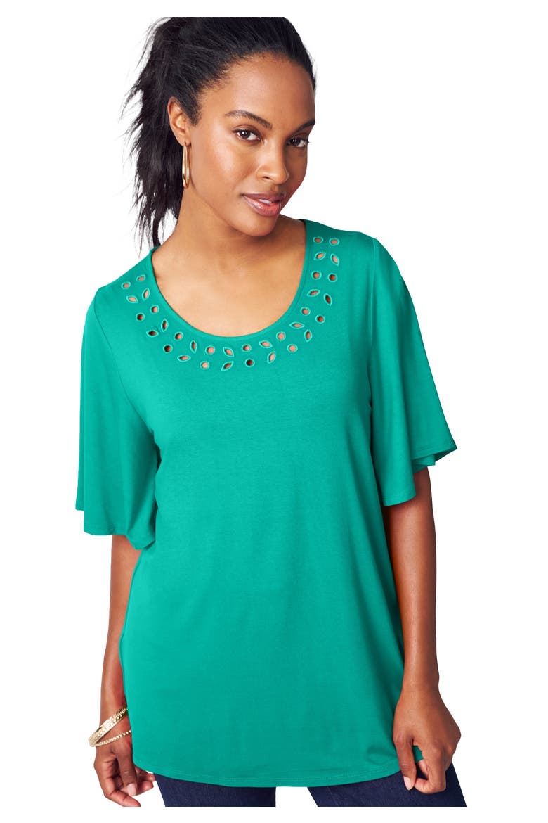 Cutout Flutter Sleeve Tunic, Main, color, AQUA SEA