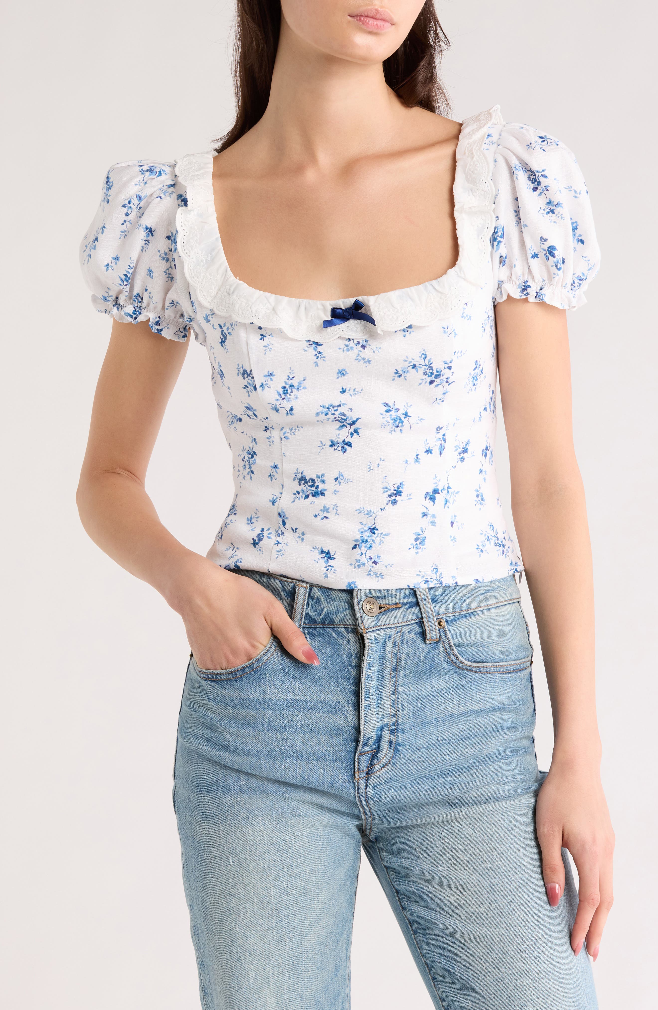 Reformation Alice Lace Trim Puff Sleeve Crop Top