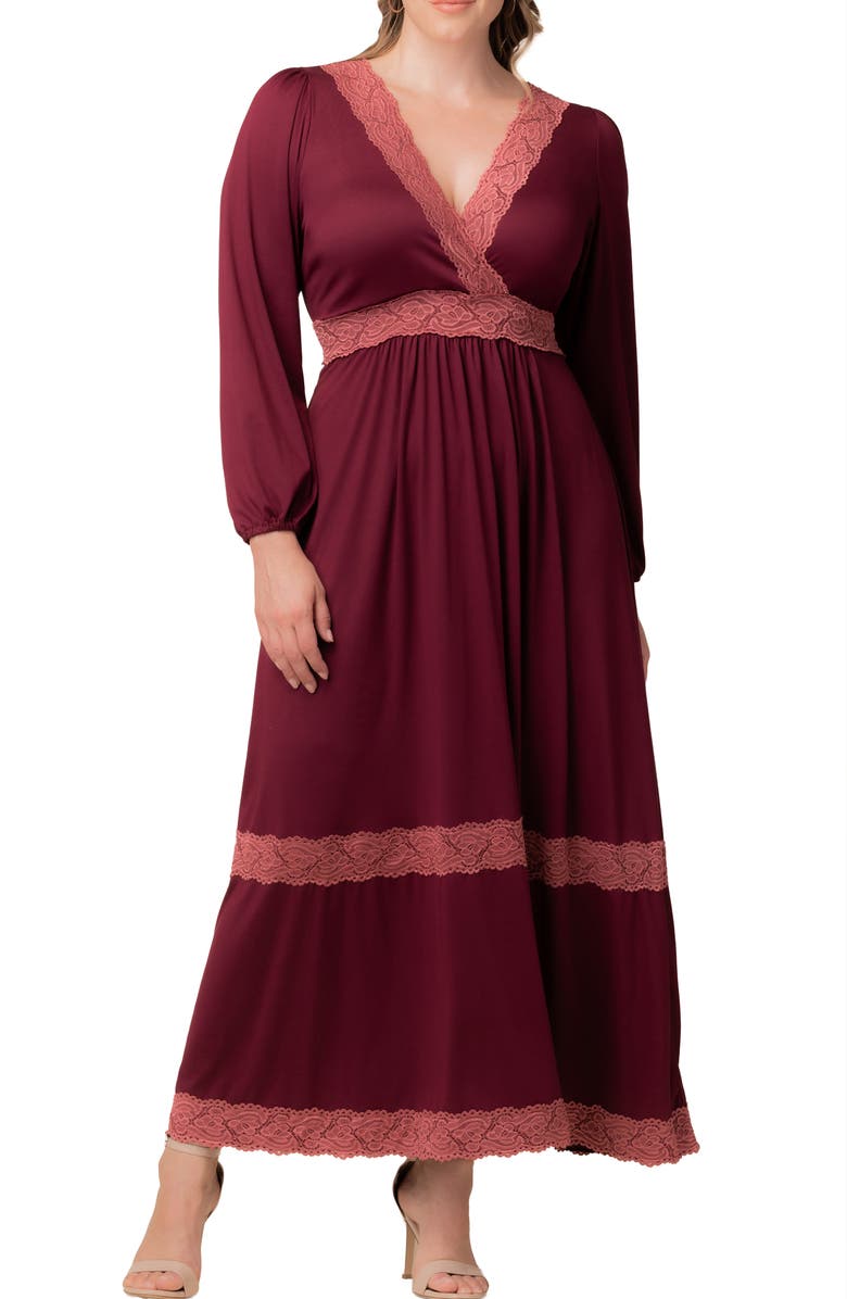 Kiyonna Lara Lace Trim Long Sleeve Maxi Dress, Main, color, Burgundy/ Mauve