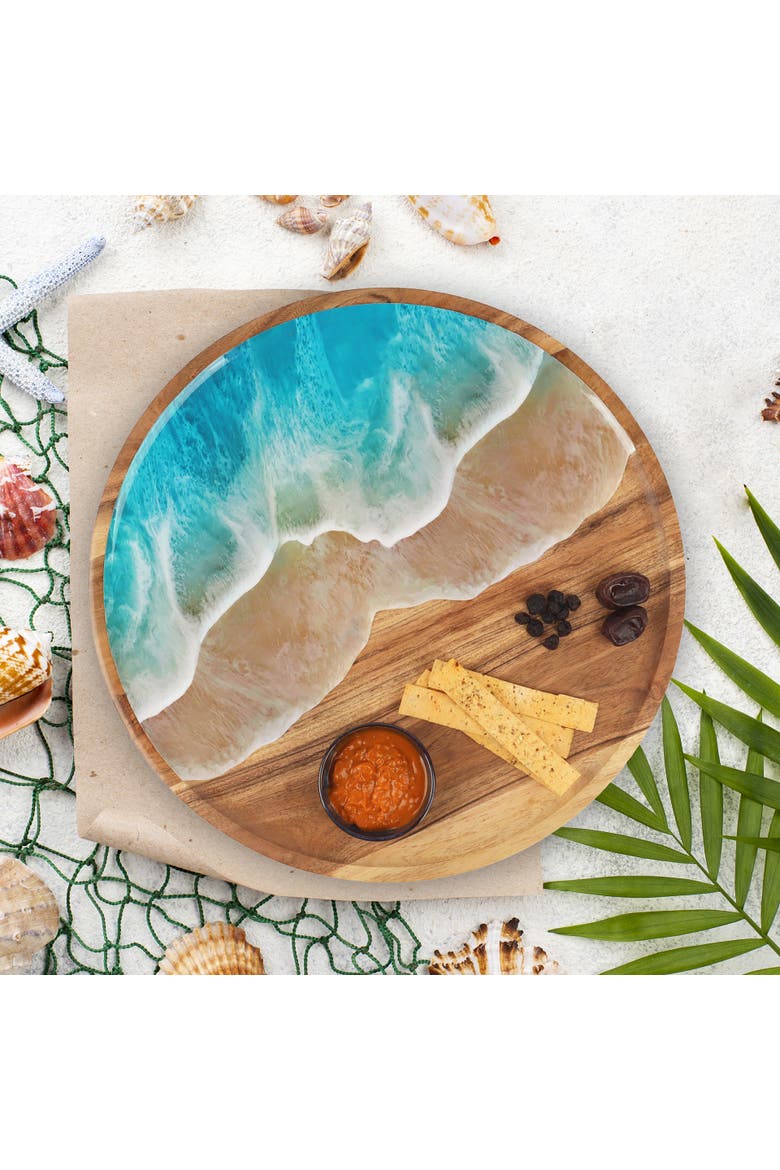 Blue Wave on Wood Lazy Susan Chip and Dip Round Serving Tray, Alternate, color, Blue