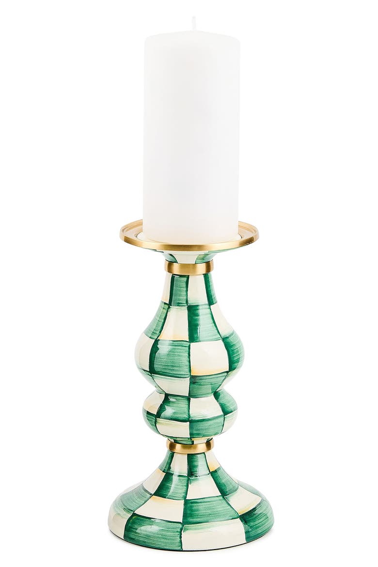 Emerald Check Medium Pillar Candleholder, Alternate, color, EMERALD