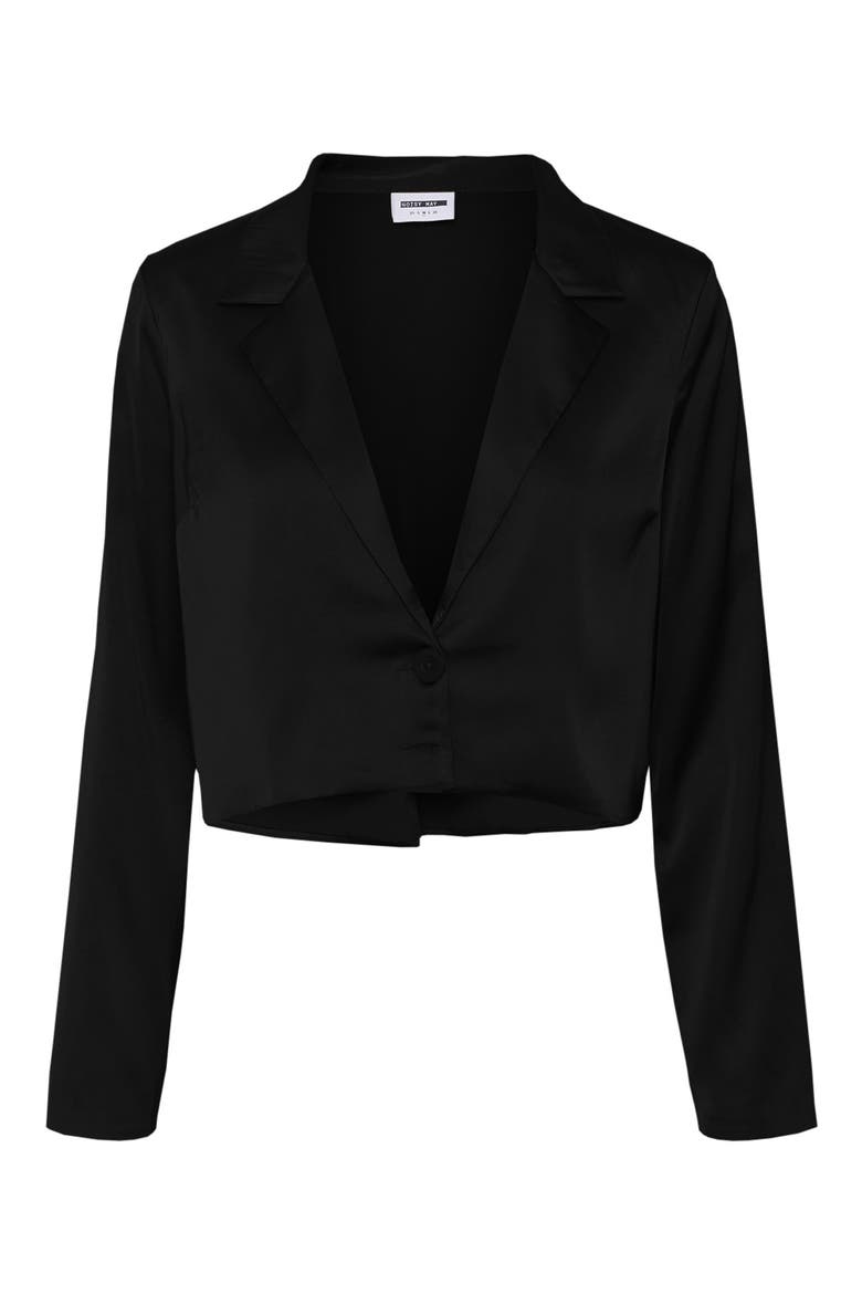 Clarie Crop Satin Blazer, Main, color, BLACK