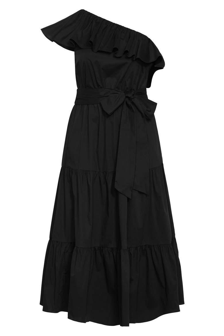 Kiama Ruffle One-Shoulder Tie Belt Tiered Stretch Cotton Dress, Alternate, color, BLACK
