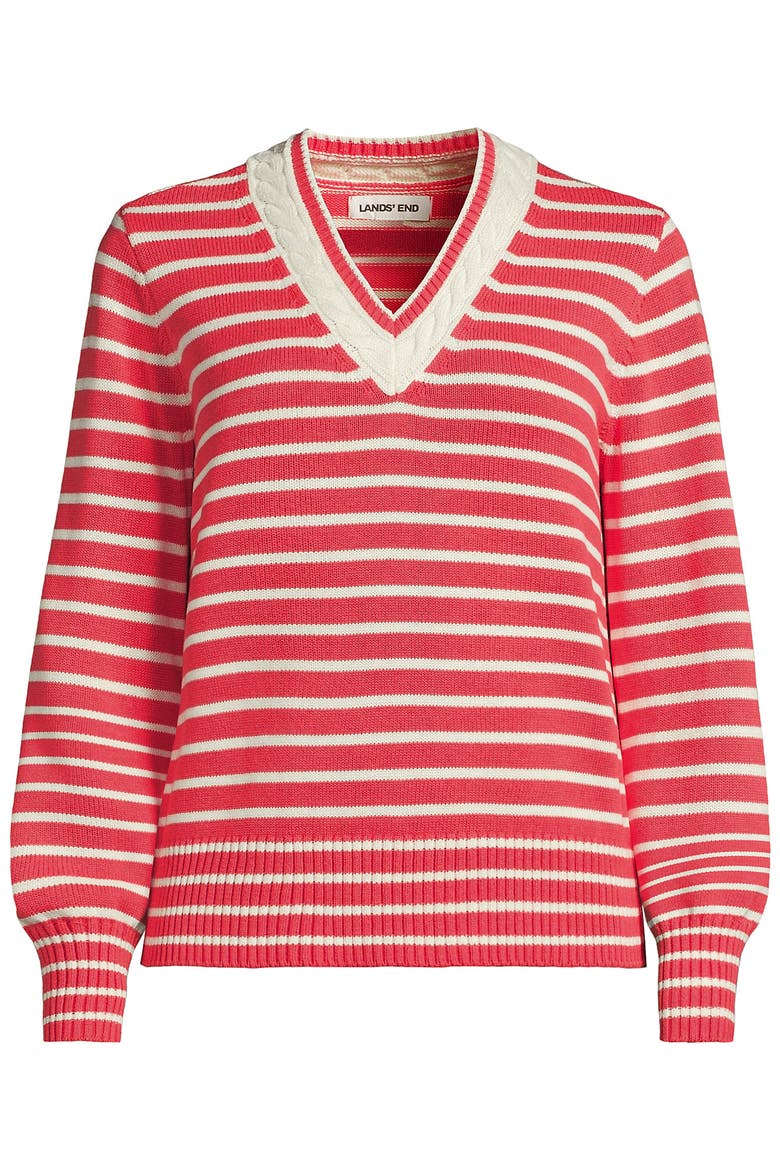 Drifter Set in Sleeve Vneck Sweater, Alternate, color, Coral/Ivory Mini Stripe