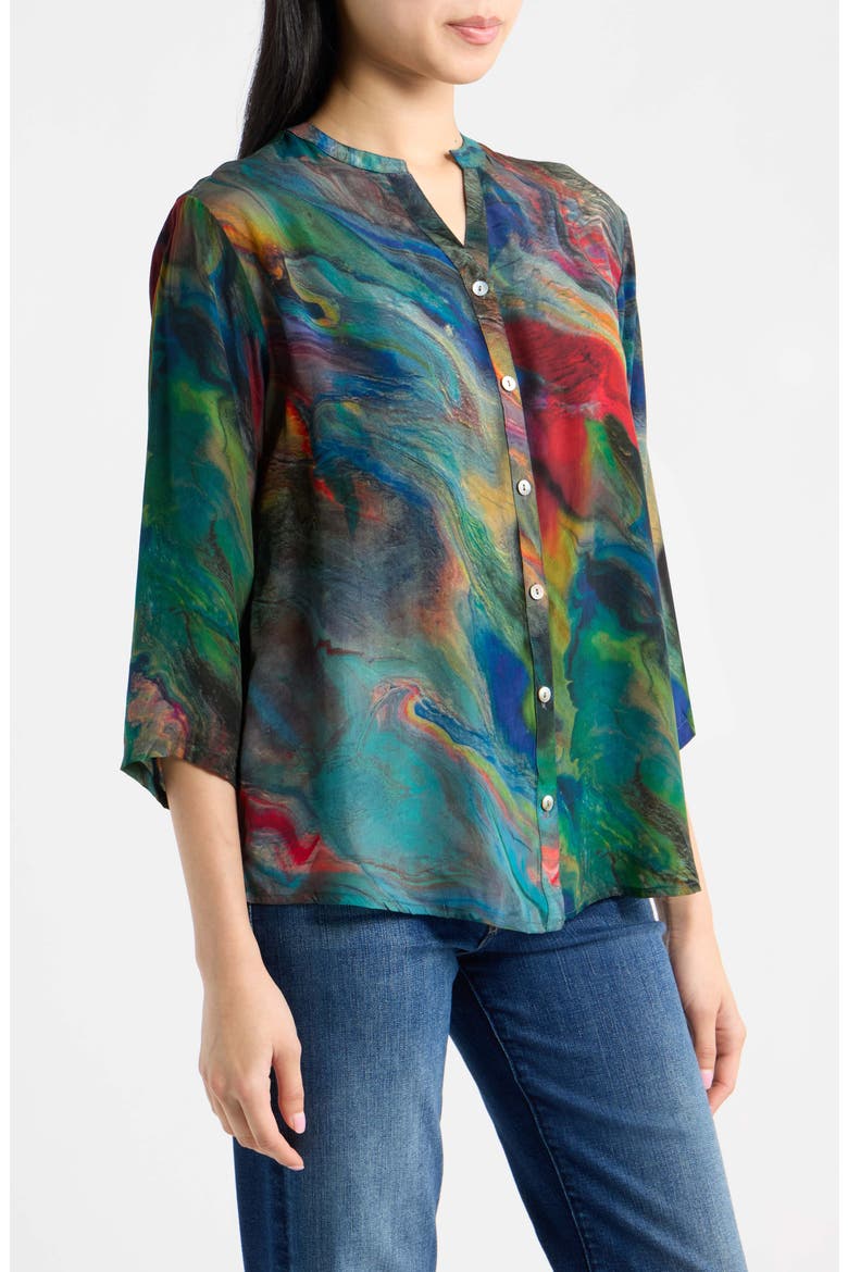 Mandarin Collar Button-Up Shirt, Alternate, color, EMERALD AUORA MULTI