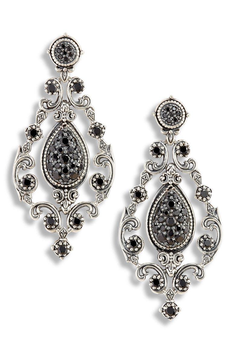 Circe Black Spinel Chandelier Earrings, Main, color, SILVER