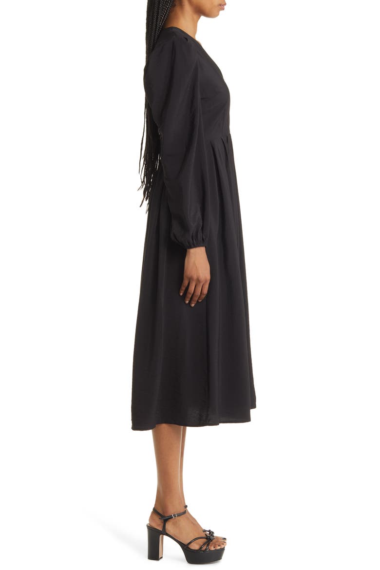 Pleated Puff Shoulder Long Sleeve Midi Dress, Alternate, color, BLACK