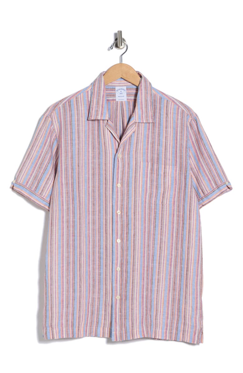 Brooks Brothers Regular Fit Stripe Linen Camp Shirt, Alternate, color, Purple Multi