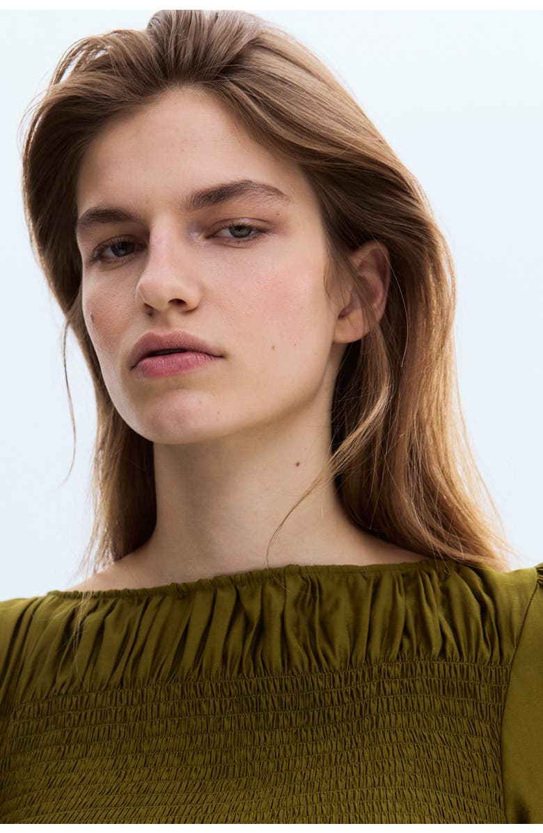 H&M Smocked Viscose-blend Blouse, Alternate, color, Dark Khaki Green