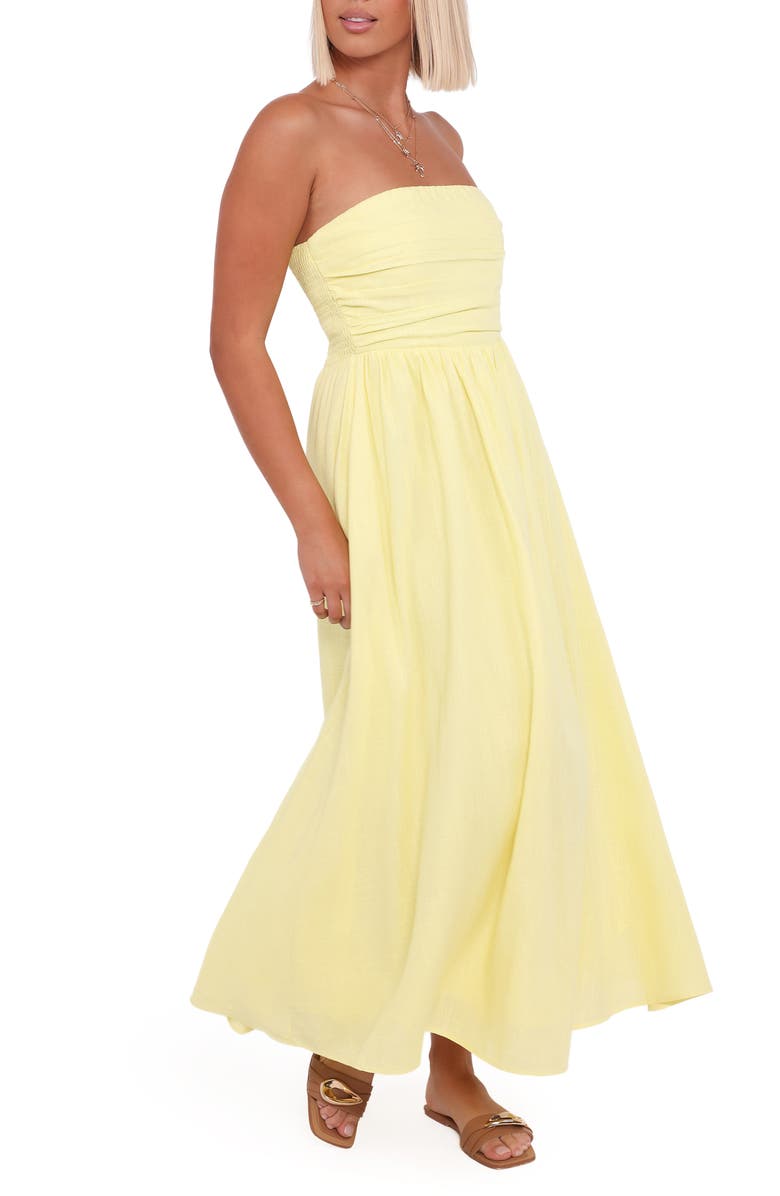 Petal & Pup Kayt Strapless Linen Blend Maxi Sundress, Main, color, Butter Yellow