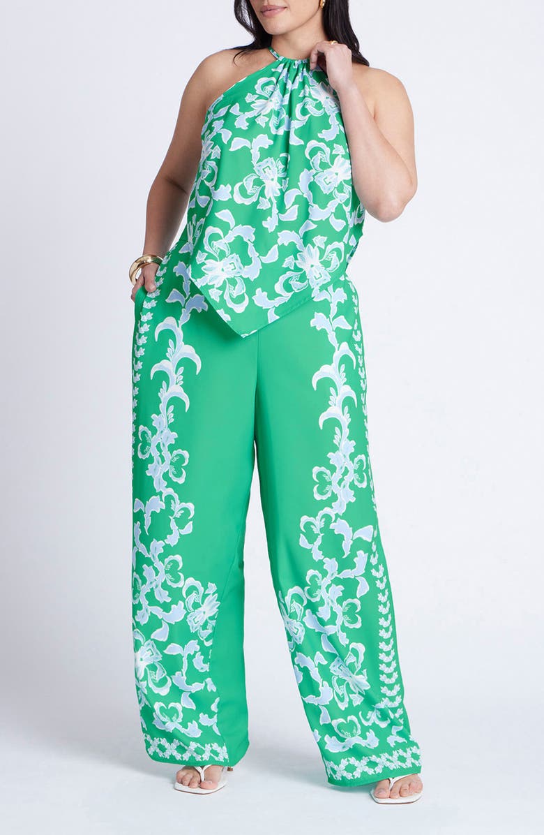 ELOQUII Scarf Print Halter Neck Twill Top, Alternate, color,