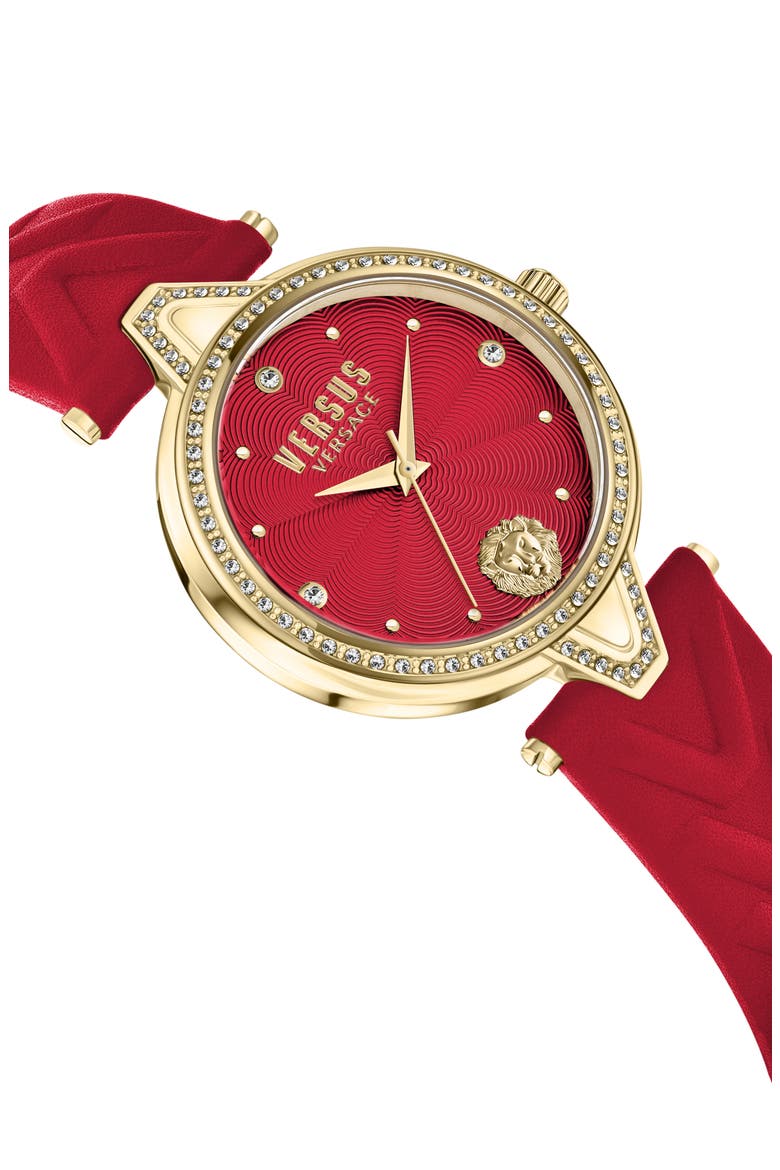 V Versus Crystal Leather Strap Watch, 34mm, Alternate, color, IP YELLOW GOLD