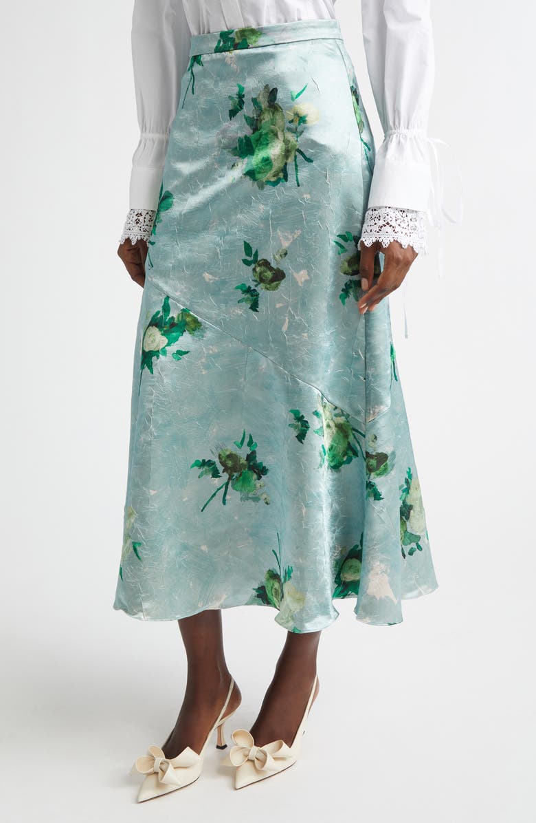 Erdem Abstract Rose Print Crushed Satin A-Line Midi Skirt, Alternate, color, Abstract Rose Eggshell
