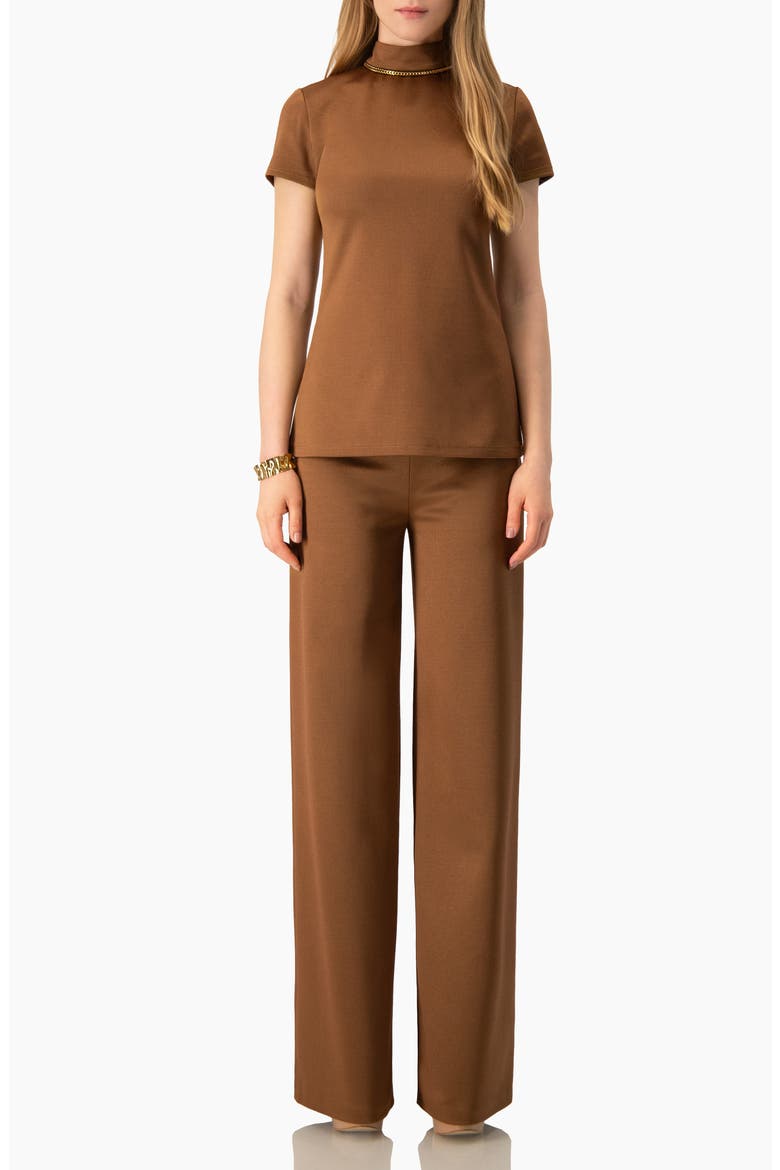 Side-Slit High-Neck Short Sleeve Blouse, Alternate, color, Camel