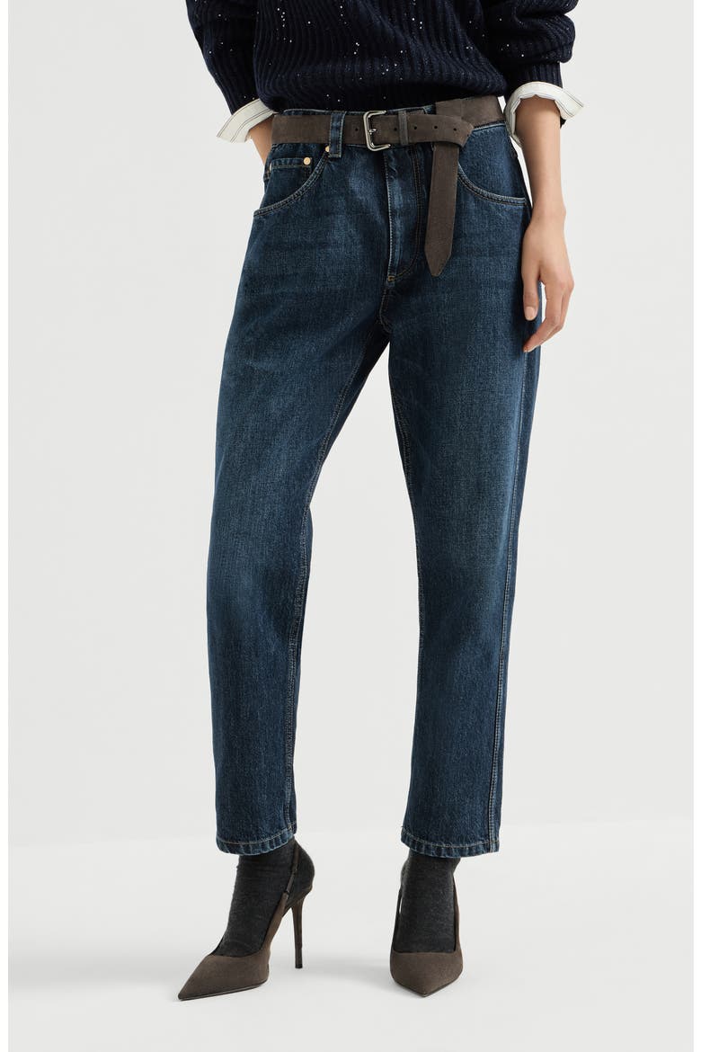 Authentic denim straight trousers with shiny bartack, Main, color, Denim