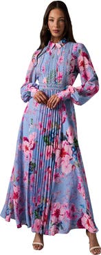 Coast Pleated Lace Trim Long Sleeve Midi Dress