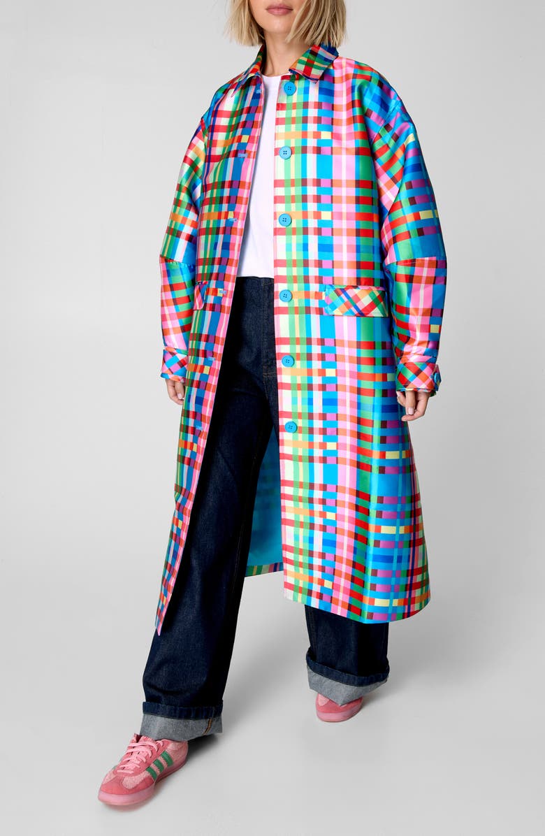 NASTY GAL Check Longline Satin Coat, Alternate, color, 