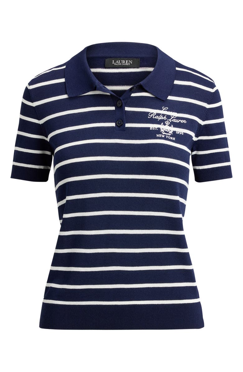 Lauren Ralph Lauren Stripe Cotton Blend Polo Top, Alternate, color, Refined Navy Blue/ White