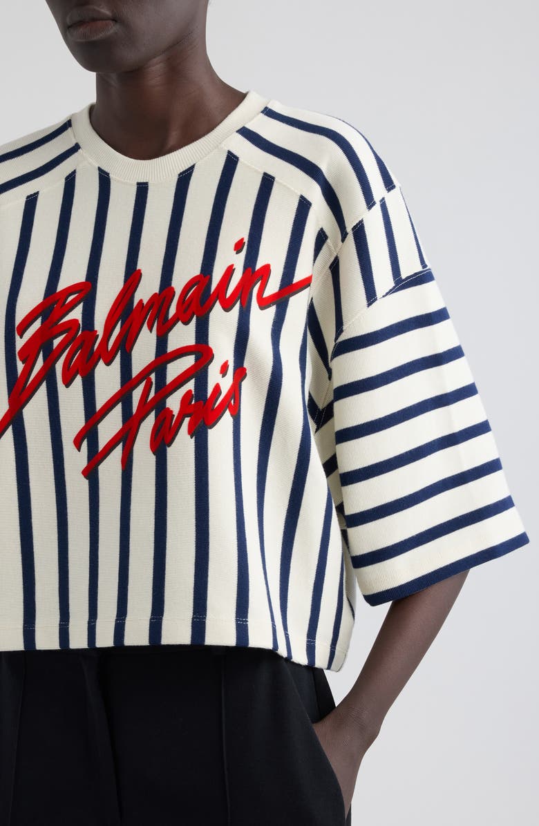 Balmain Baseball Stripe Crop Sweater, Alternate, color, 