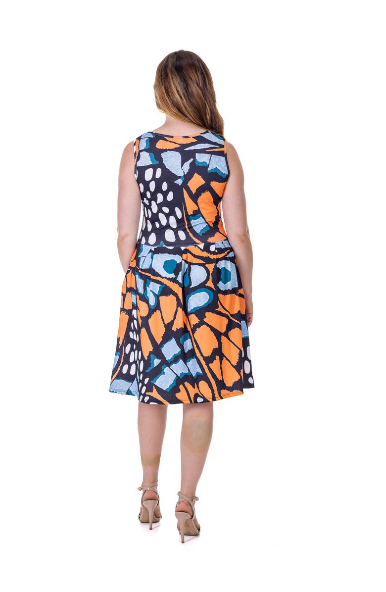 Orange Butterfly Print Sleeveless Pleated Knee Length Pocket Dress