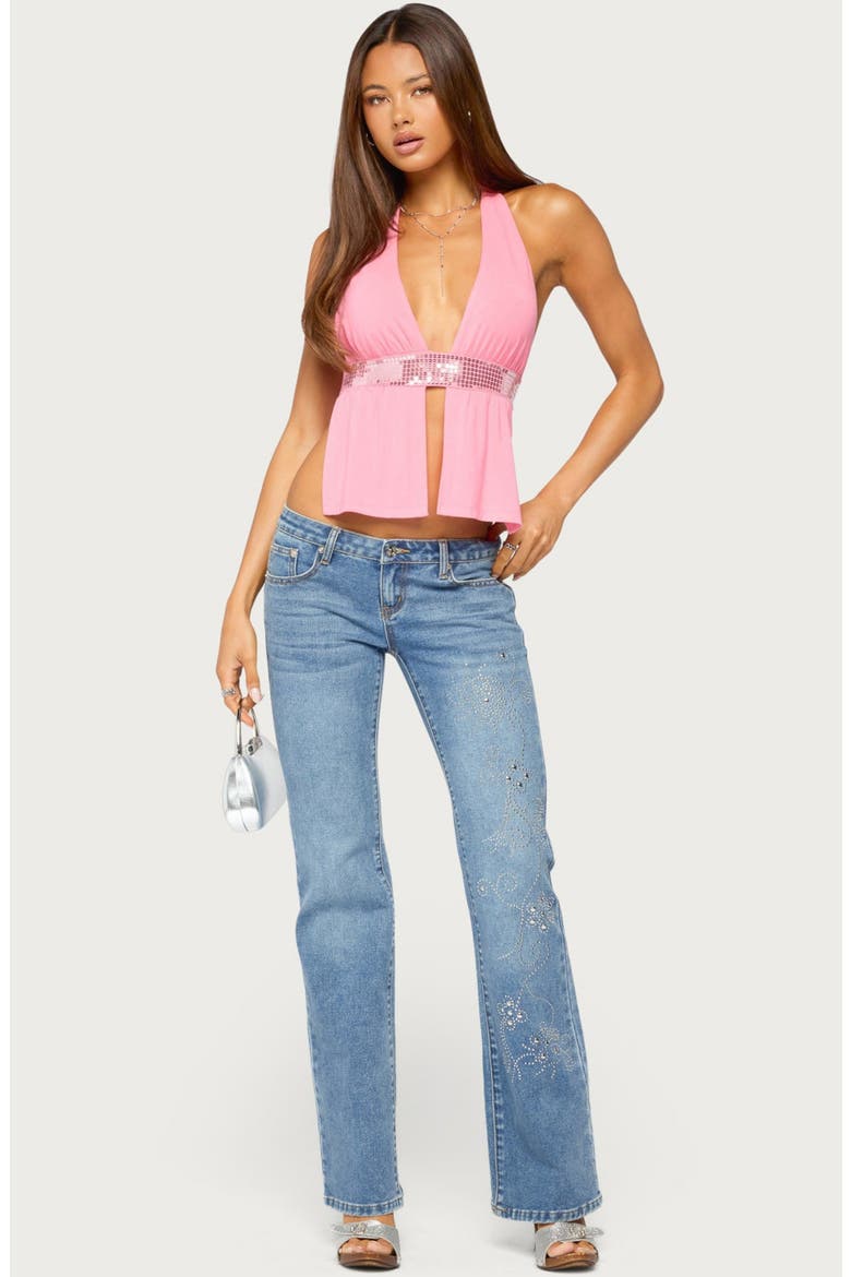 Heily Sequin Split Front Halter Top, Alternate, color, PINK