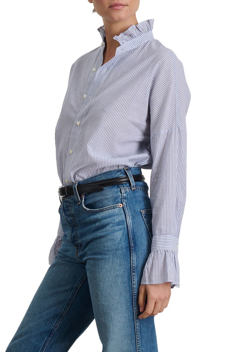 Alex Mill Ruffle Collar Stripe Cotton Button-Up Shirt, Alternate, color, 