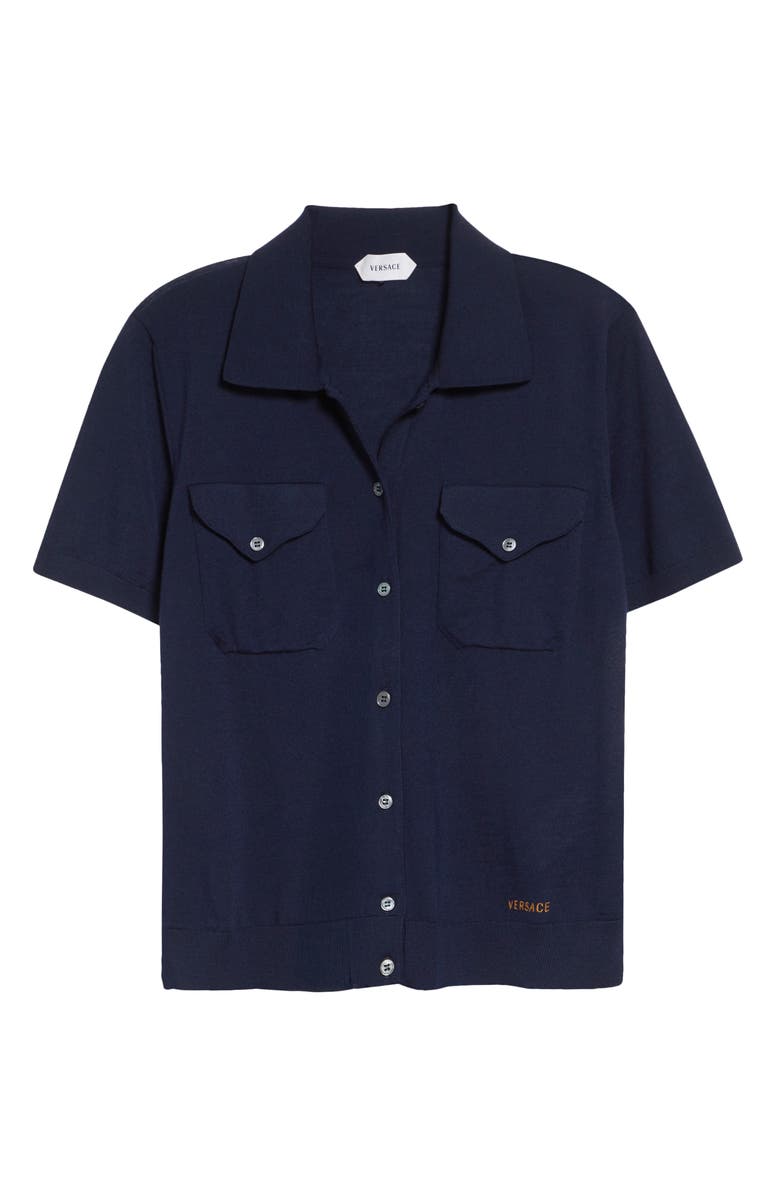 Versace Gender Inclusive Embroidered Short Sleeve Virgin Wool Shirt Cardigan, Alternate, color, Navy
