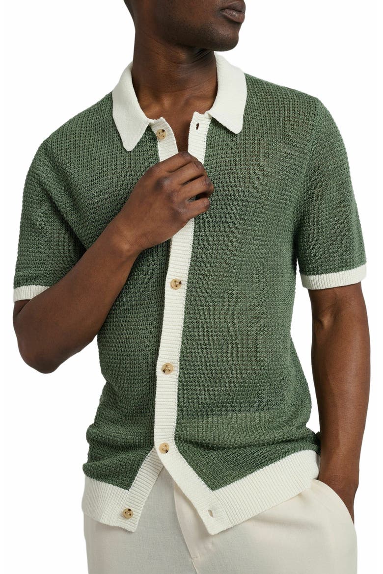 Linen Short Sleeve Button Up Sweater, Alternate, color, SEASPRAY/WHITE