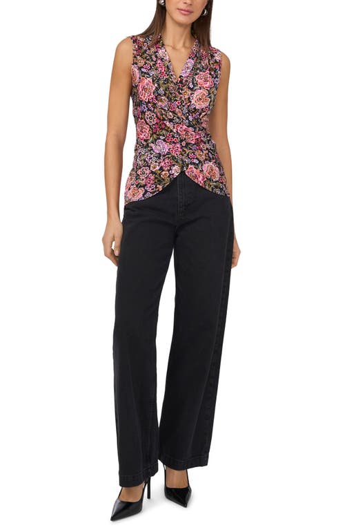 Vince Camuto Floral Crossover Wrap Front Tank In Rich Black