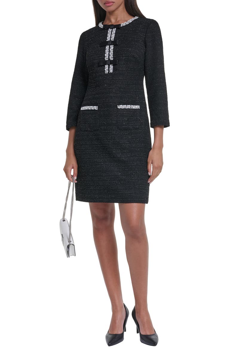 Bead Detail Shimmer Knit Tweed Shift Minidress, Alternate, color, BLACK/ SILVER MULTI