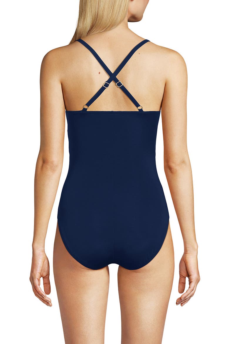 Slender Suit V-neck Pleated X-back One Piece Swimsuit Adjustable Straps, Alternate, color, Deep Sea Navy Mini Stripe