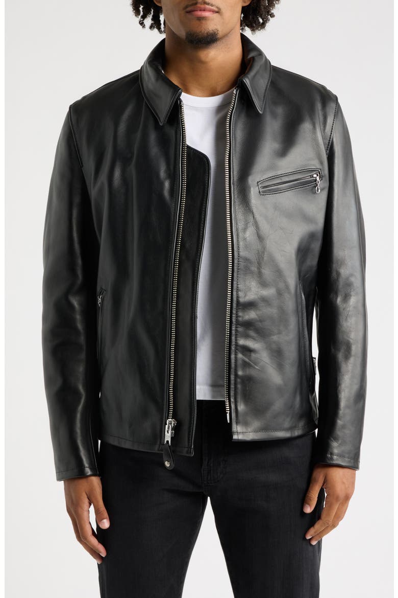 Leather Racer Jacket, Main, color, BLACK