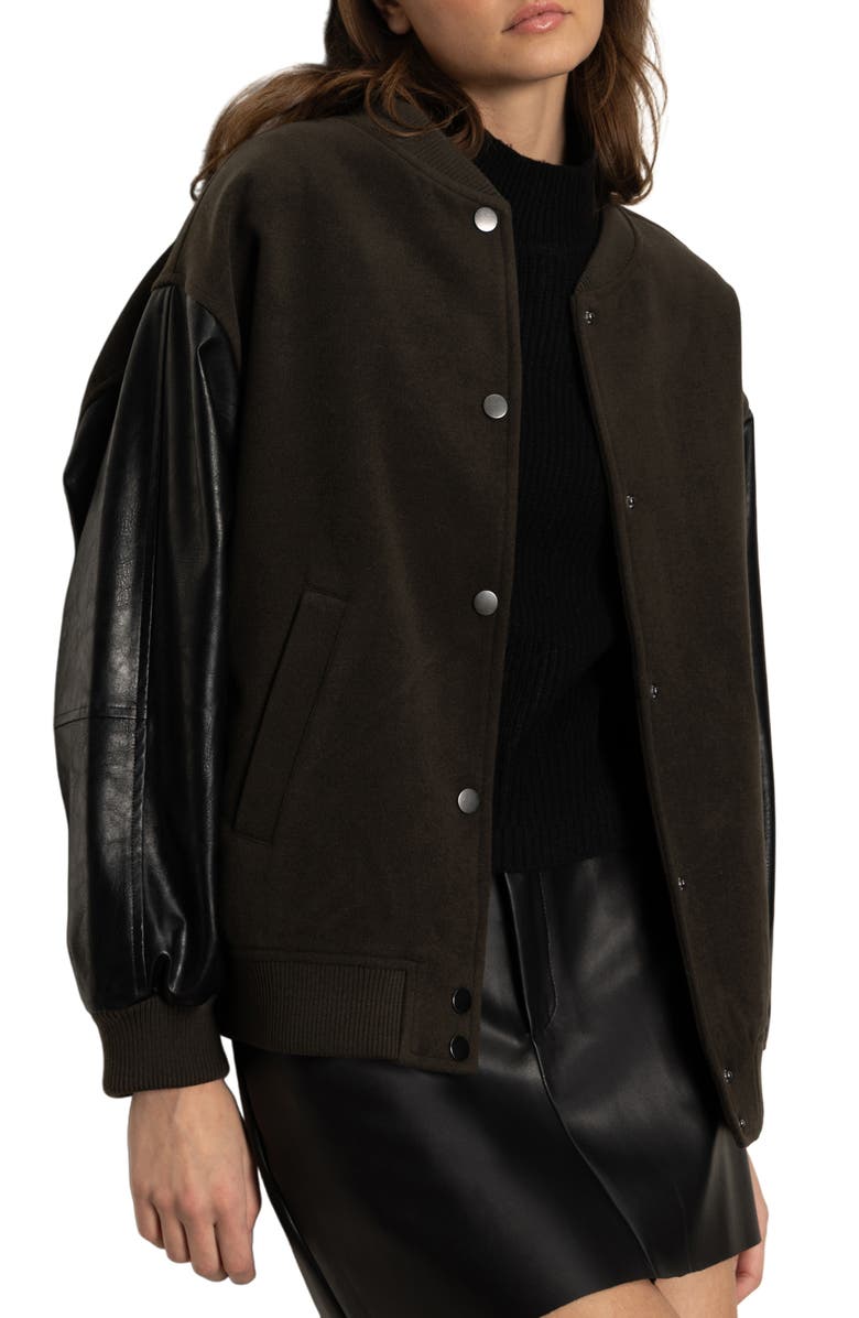 Sanctuary Club Mixed Media Varsity Jacket, Alternate, color, Midnight Olive