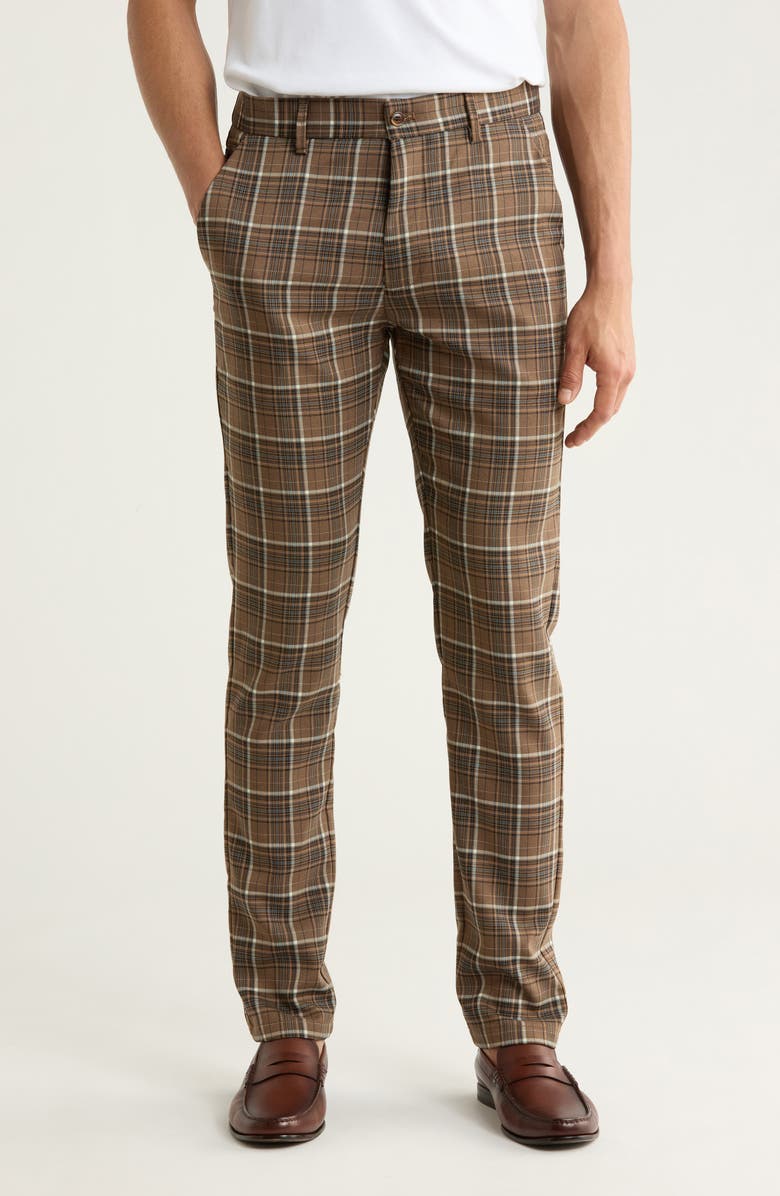 T.R. PREMIUM Plaid Straight Leg Trousers, Main, color, Brown