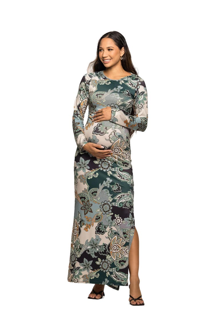Paisley Print Long Sleeve Side Slit Maxi Dress, Main, color, Green Multi