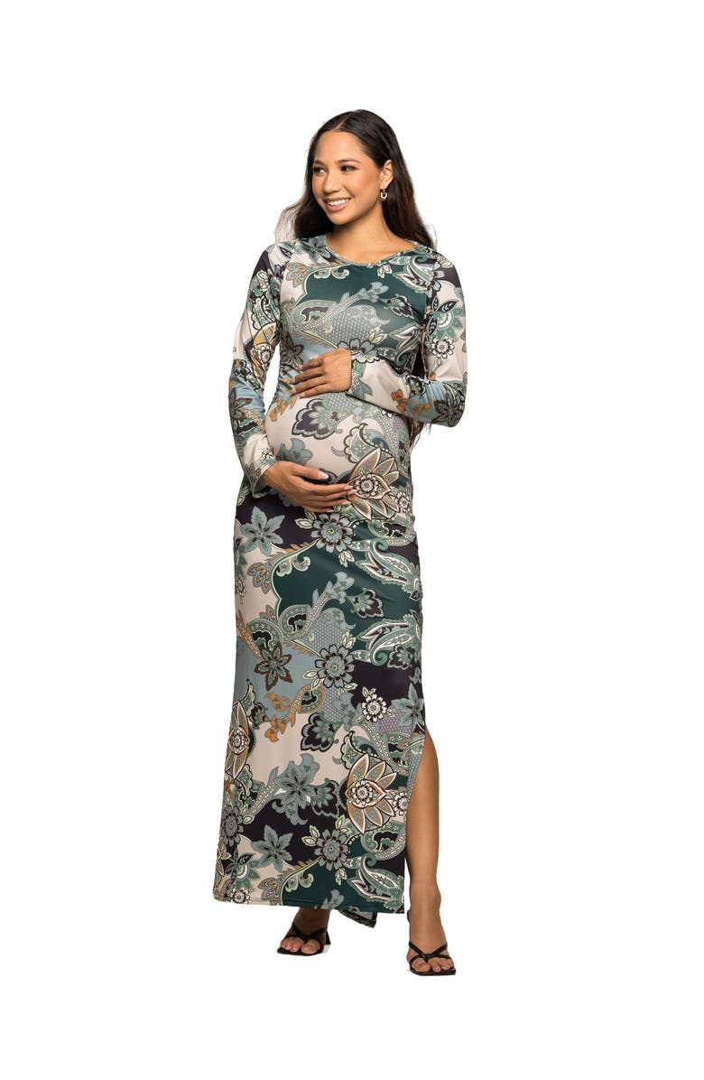 24seven Comfort Apparel Paisley Print Long Sleeve Side Slit Maxi Dress, Main, color, Green Multi