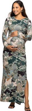 24seven Comfort Apparel Paisley Print Long Sleeve Side Slit Maxi Dress