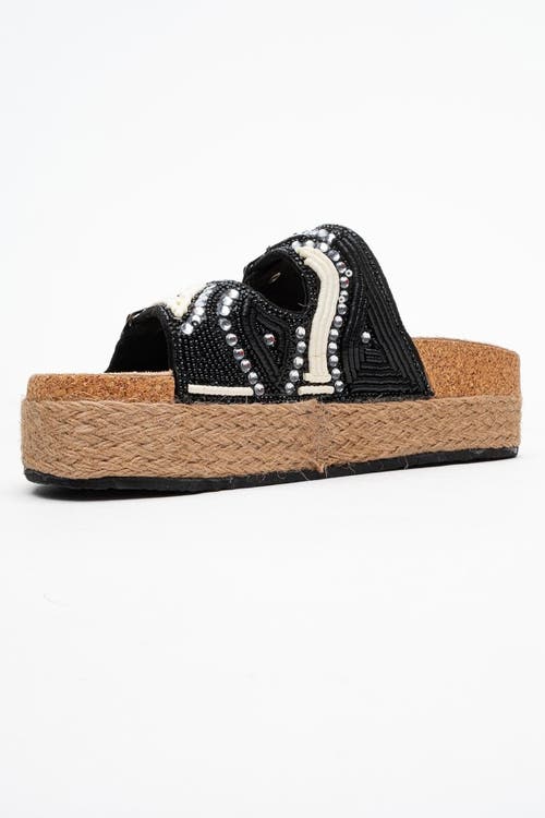 Prologue Shoes Bobby Beaded Straw Platform Slide Sandal In Black